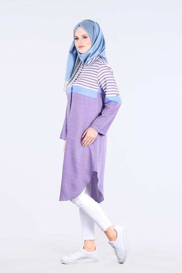 Vêtements hijab  T 7496-1 Yılmazlar-Çizgi Detaylı Tunik - TRENDTESETTÜR