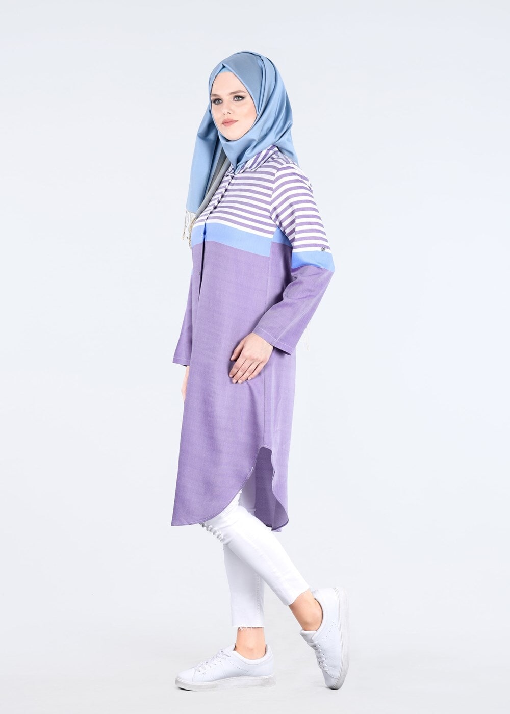 Hijab clothing PURPLE T 7496-1 Yılmazlar-Çizgi Detaylı Tunik