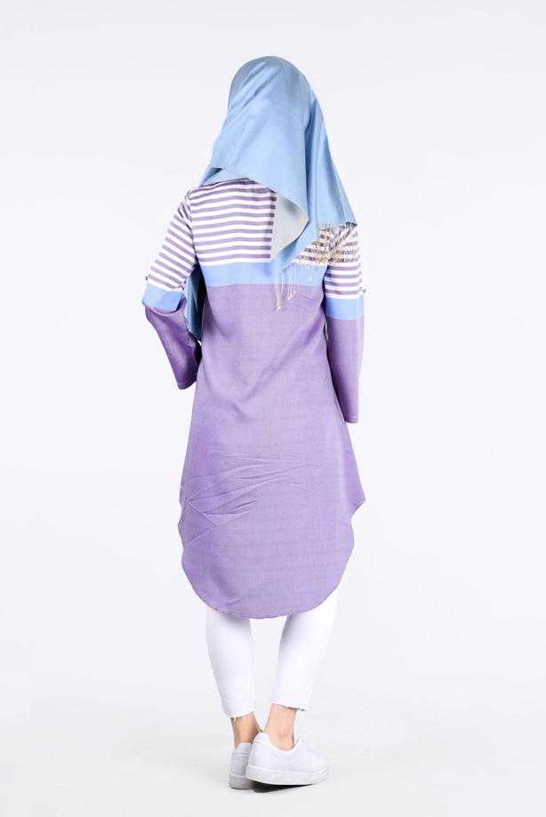 Vêtements hijab  T 7496-1 Yılmazlar-Çizgi Detaylı Tunik - TRENDTESETTÜR