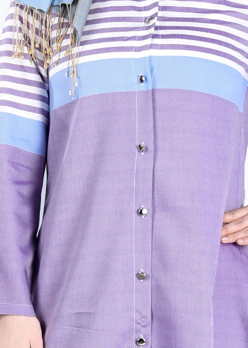 Vêtements hijab POURPRE T 7496-1 Yılmazlar-Çizgi Detaylı Tunik