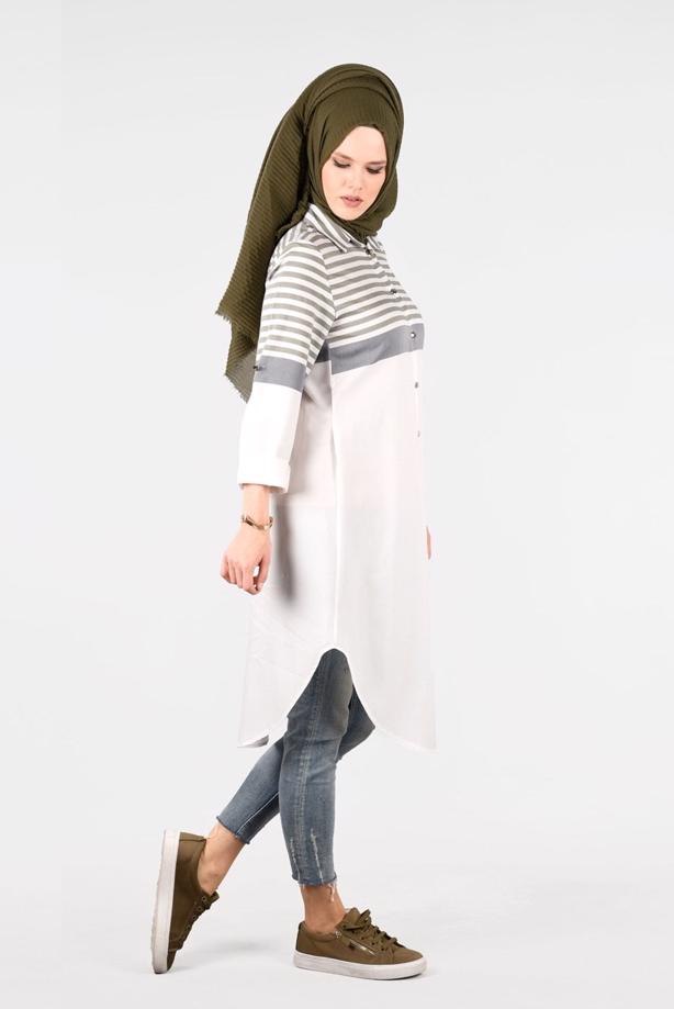 Vêtements hijab  T 7496-1 Yılmazlar-Çizgi Detaylı Tunik - TRENDTESETTÜR