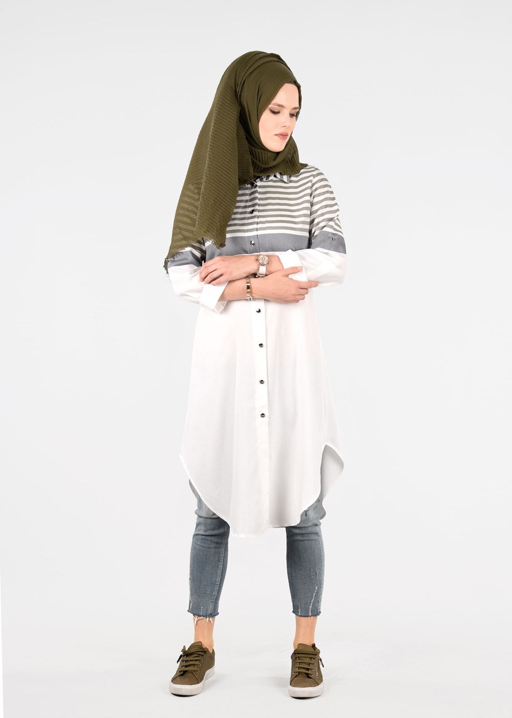 Hijab clothing KHAKI T 7496-1 Yılmazlar-Çizgi Detaylı Tunik