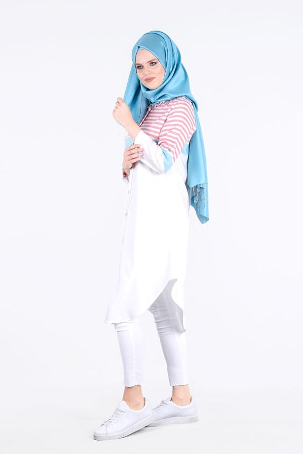 Vêtements hijab  T 7496-1 Yılmazlar-Çizgi Detaylı Tunik - TRENDTESETTÜR