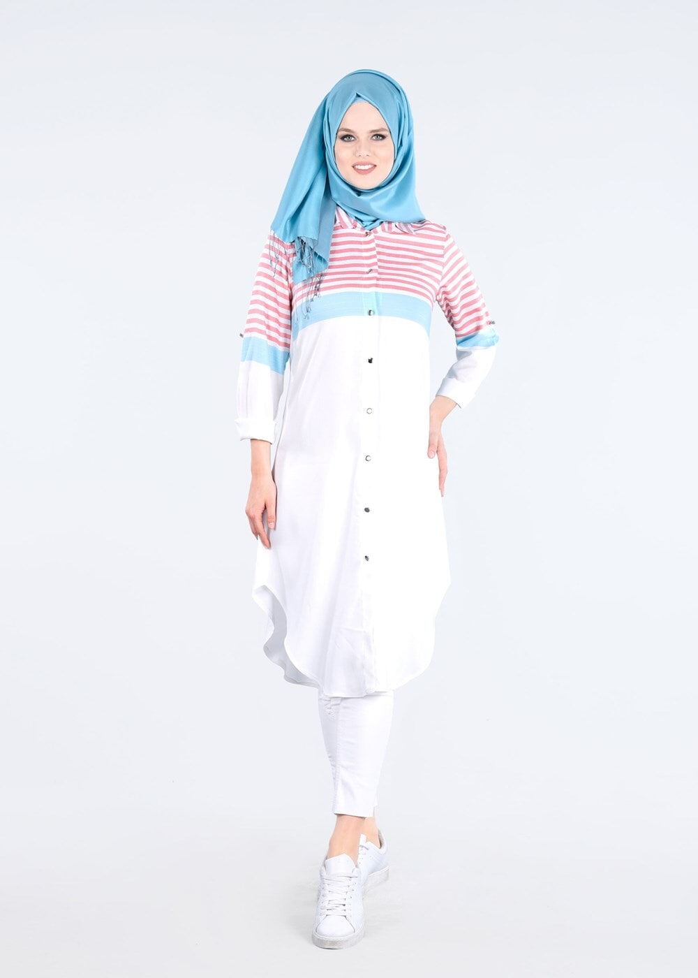 Hijab clothing POWDER T 7496-1 Yılmazlar-Çizgi Detaylı Tunik