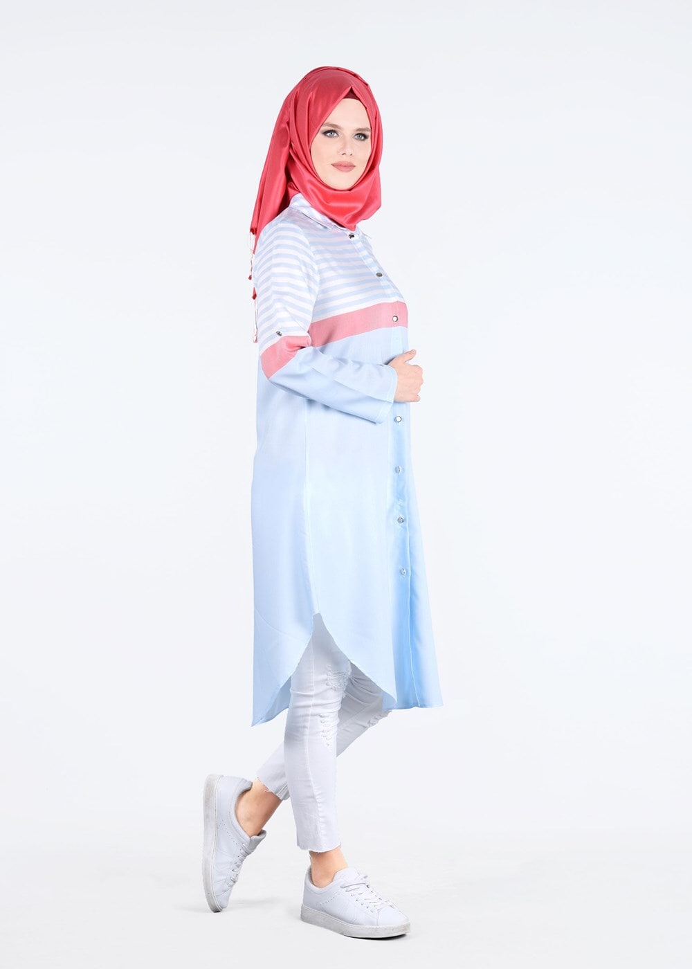 Hijab clothing BLUE T 7496-1 Yılmazlar-Çizgi Detaylı Tunik