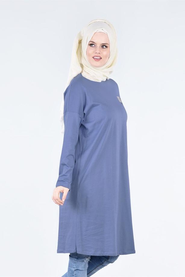 Vêtements hijab BLEU T 09115 Allday-  Örme Tesettür Tunik - TRENDTESETTÜR