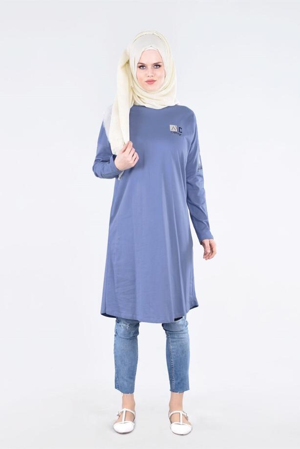 Vêtements hijab BLEU T 09115 Allday-  Örme Tesettür Tunik - TRENDTESETTÜR