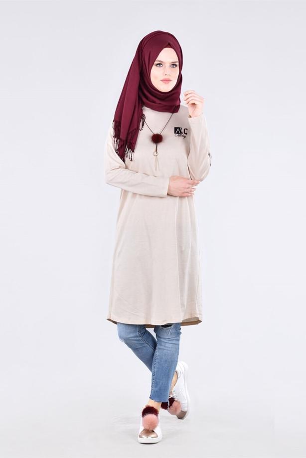 Vêtements hijab BEIGE T 09115 Allday-  Örme Tesettür Tunik - TRENDTESETTÜR