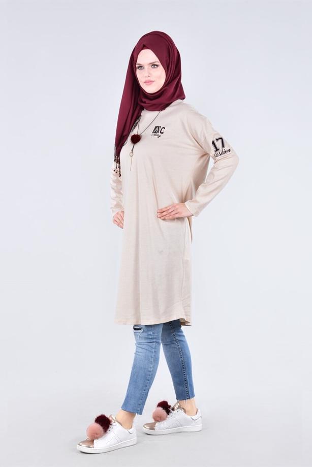 Vêtements hijab BEIGE T 09115 Allday-  Örme Tesettür Tunik - TRENDTESETTÜR