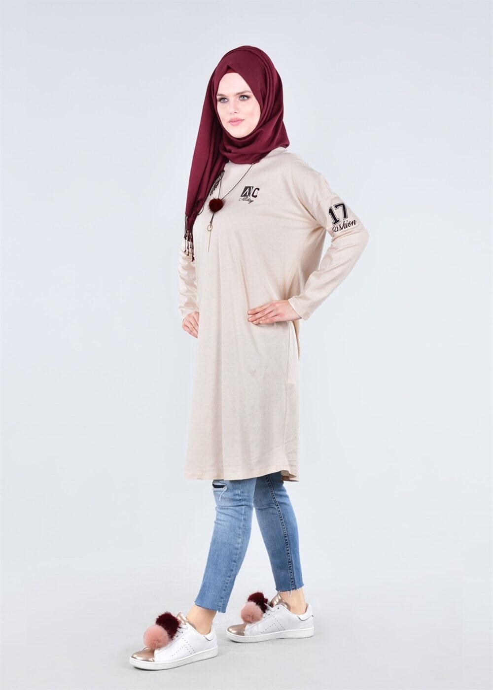 Vêtements hijab BEIGE T 09115 Allday-  Örme Tesettür Tunik