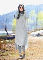 Tesettür giyim YEŞİL T 31905 Allday-Çizgili Tesettür Tunik