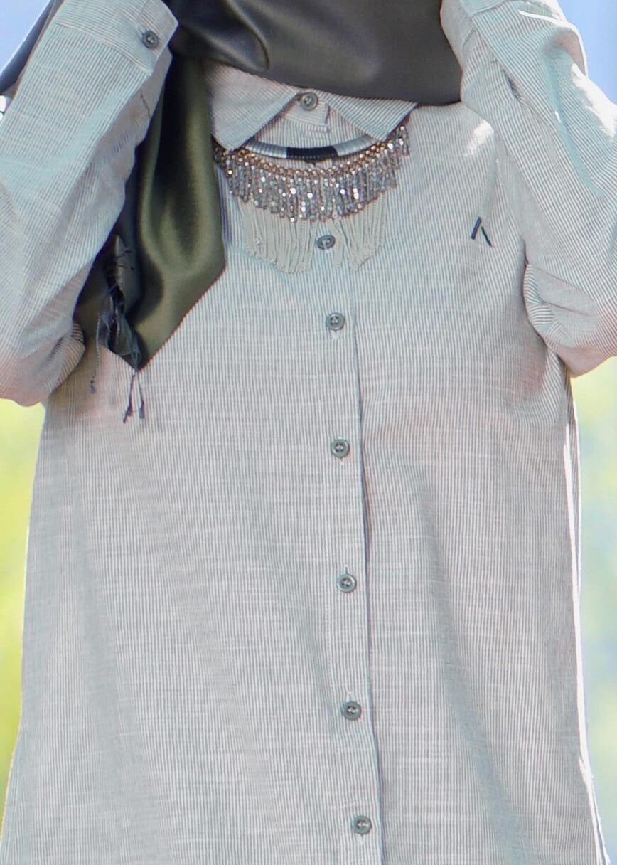 Tesettür giyim YEŞİL T 31905 Allday-Çizgili Tesettür Tunik