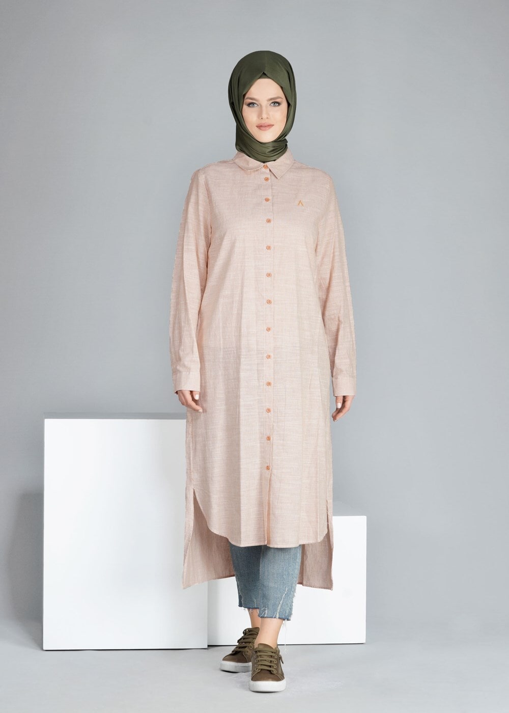 Tesettür giyim TURUNCU T 31905 Allday-Çizgili Tesettür Tunik