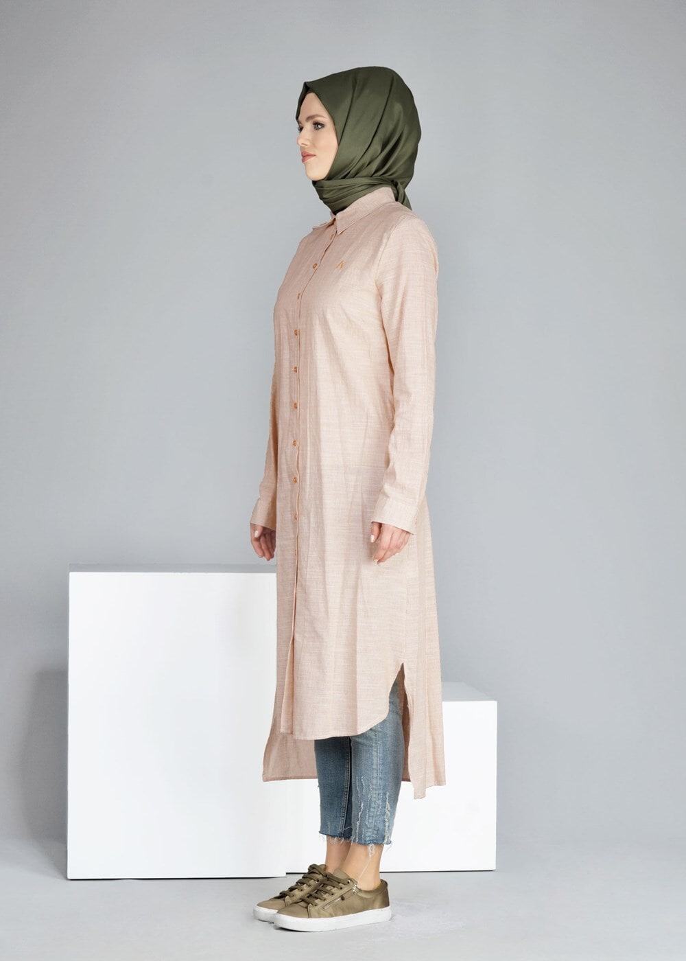 Tesettür giyim TURUNCU T 31905 Allday-Çizgili Tesettür Tunik