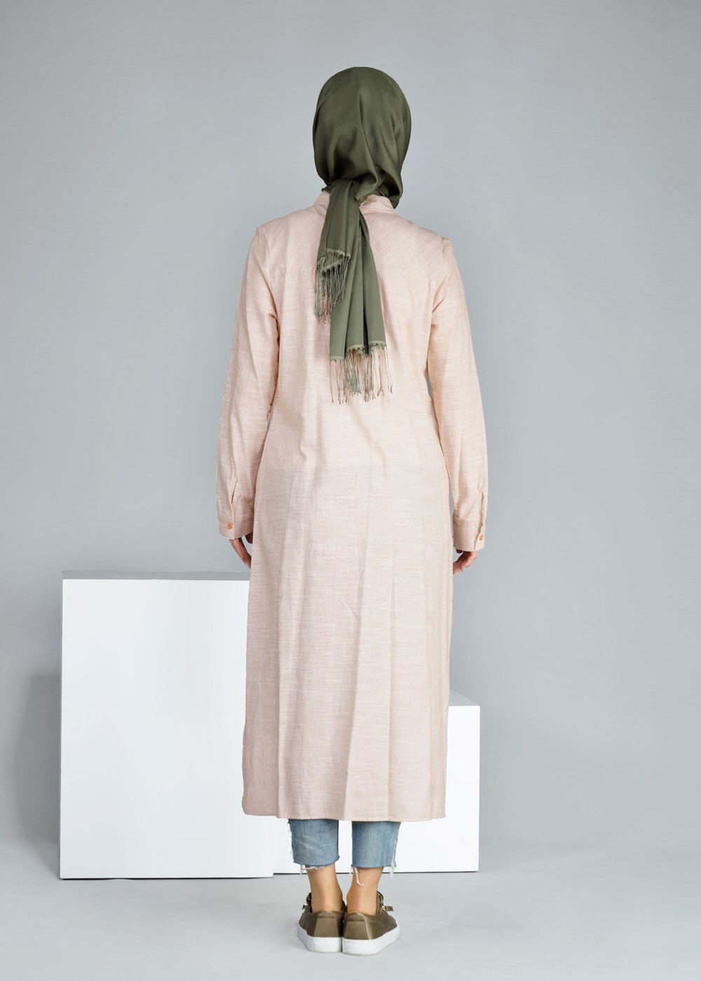 Tesettür giyim TURUNCU T 31905 Allday-Çizgili Tesettür Tunik