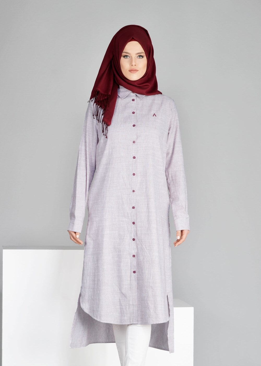 Tesettür giyim BORDO T 31905 Allday-Çizgili Tesettür Tunik