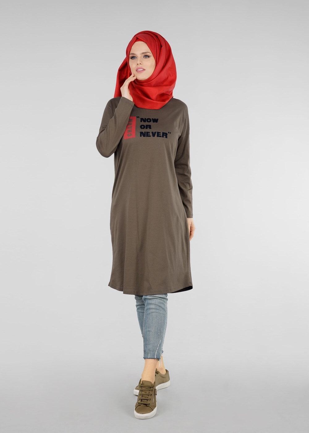 Vêtements hijab KAKI T 38115 Allday-Örme Tesettür Tunik