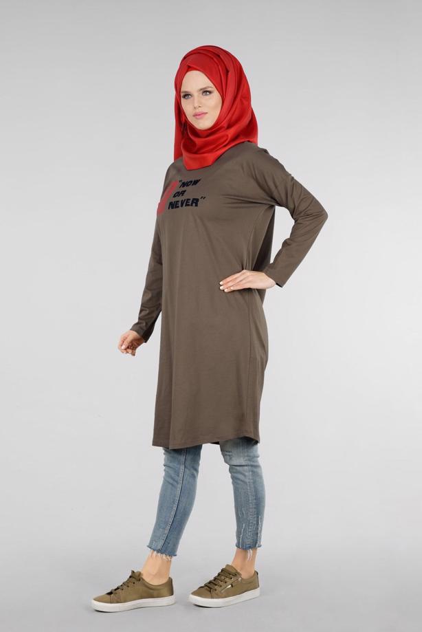 Vêtements hijab KAKI T 38115 Allday-Örme Tesettür Tunik - TRENDTESETTÜR