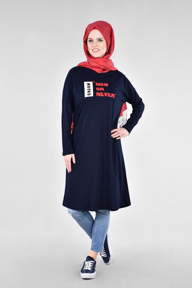 Vêtements hijab BLEU MARINE T 38115 Allday-Örme Tesettür Tunik - TRENDTESETTÜR