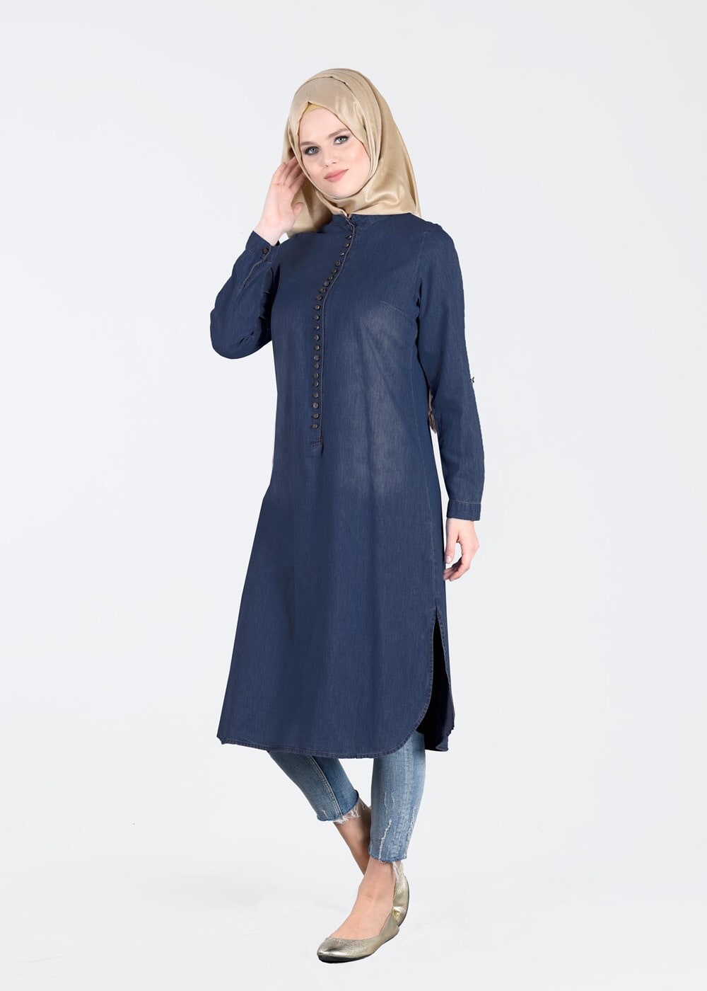 Tesettür giyim MAVİ T 47305 Allday-Tesettür Kot Tunik