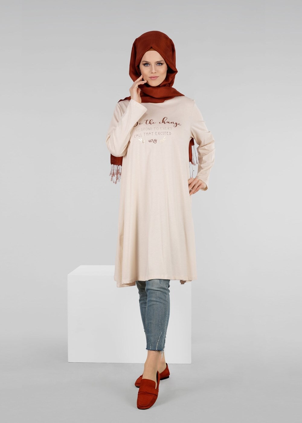 Tesettür giyim BEJ T 49115 Allday-Örme Tesettür Tunik