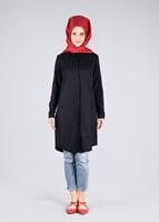 Vêtements hijab NOIR T 57115 Allday-Nakışlı Tesettür Tunik