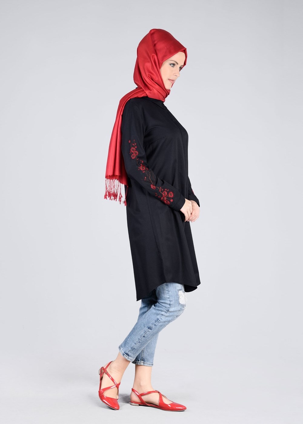 Vêtements hijab NOIR T 57115 Allday-Nakışlı Tesettür Tunik
