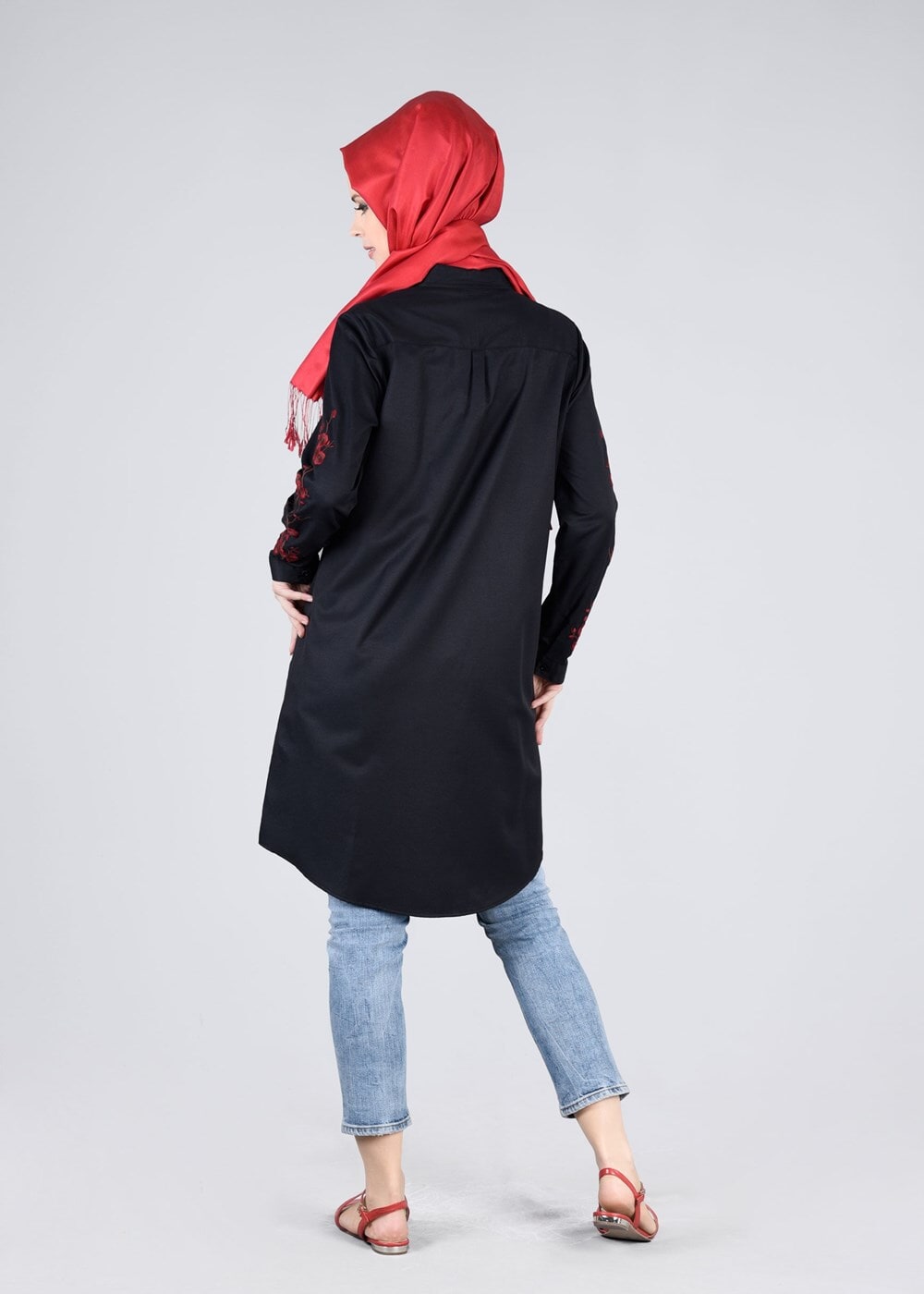 Vêtements hijab NOIR T 57115 Allday-Nakışlı Tesettür Tunik