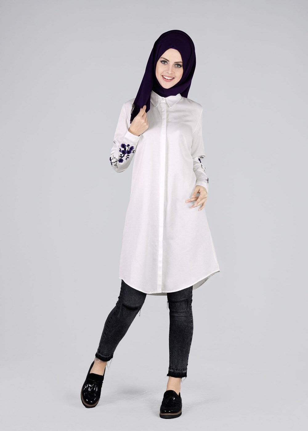 Tesettür giyim EKRU T 57115 Allday-Nakışlı Tesettür Tunik