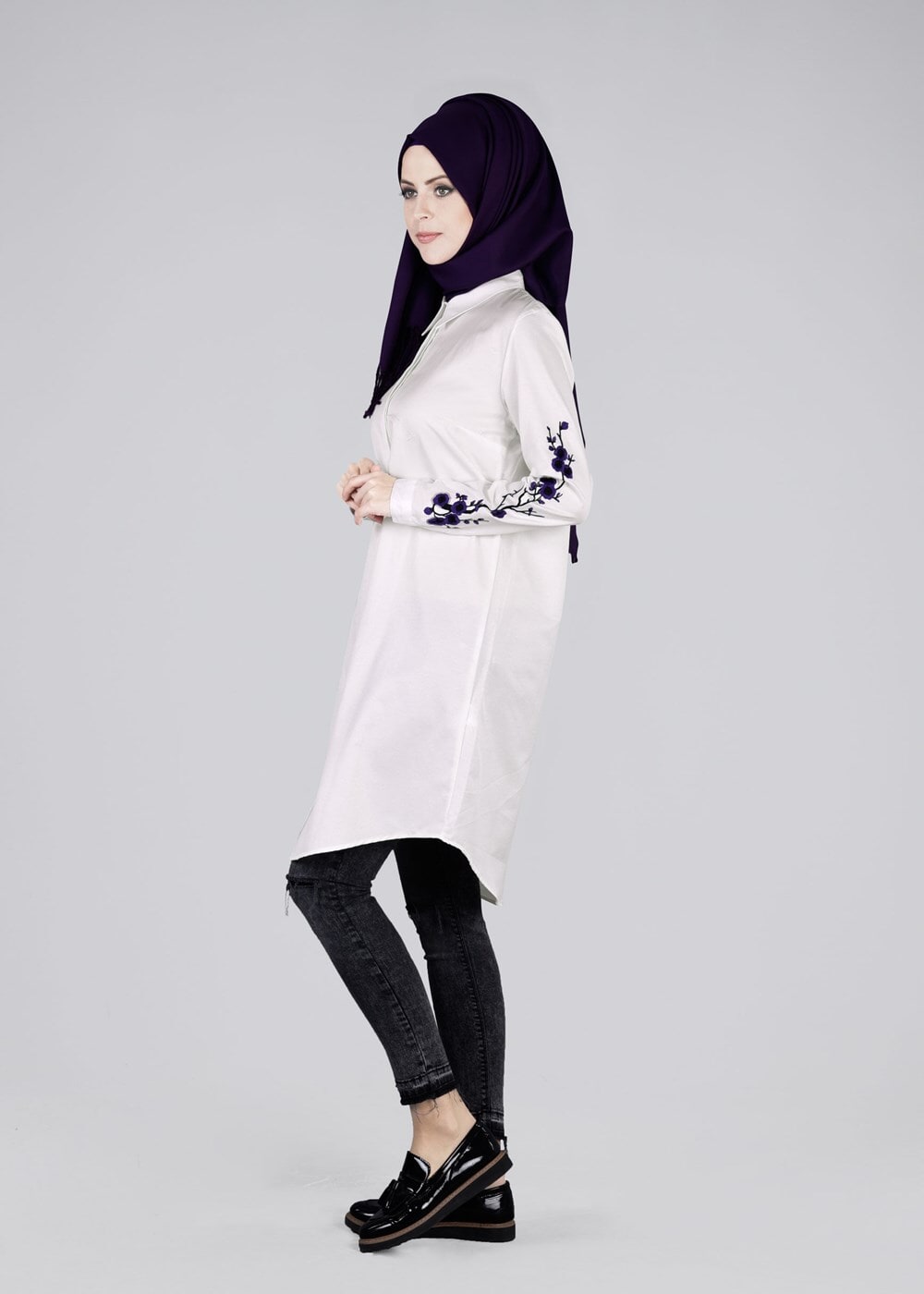 Tesettür giyim EKRU T 57115 Allday-Nakışlı Tesettür Tunik