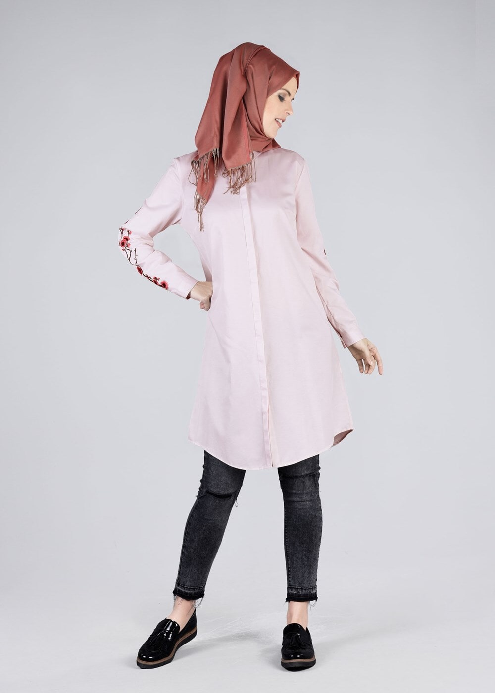 Tesettür giyim PEMBE T 57115 Allday-Nakışlı Tesettür Tunik