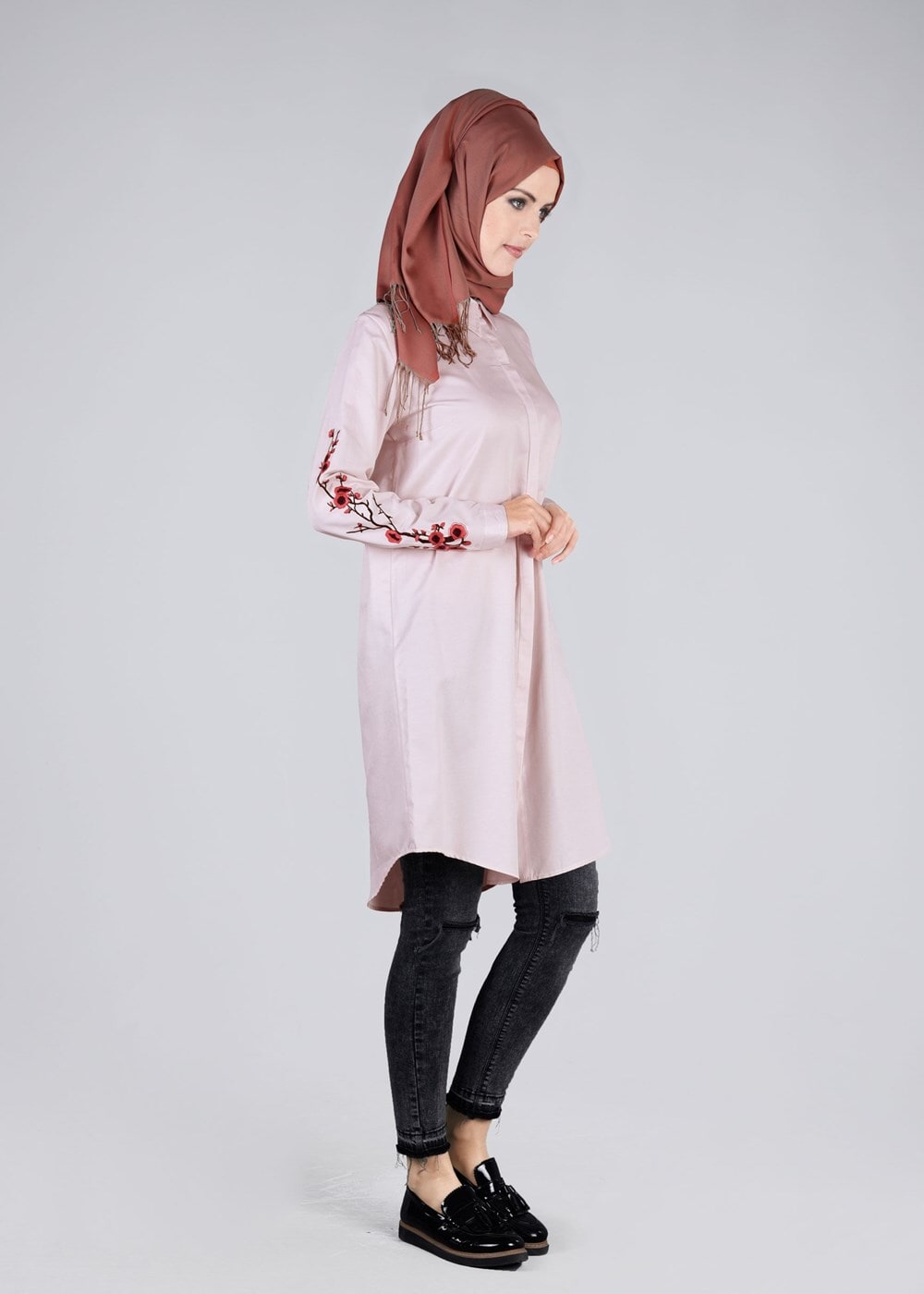 Tesettür giyim PEMBE T 57115 Allday-Nakışlı Tesettür Tunik