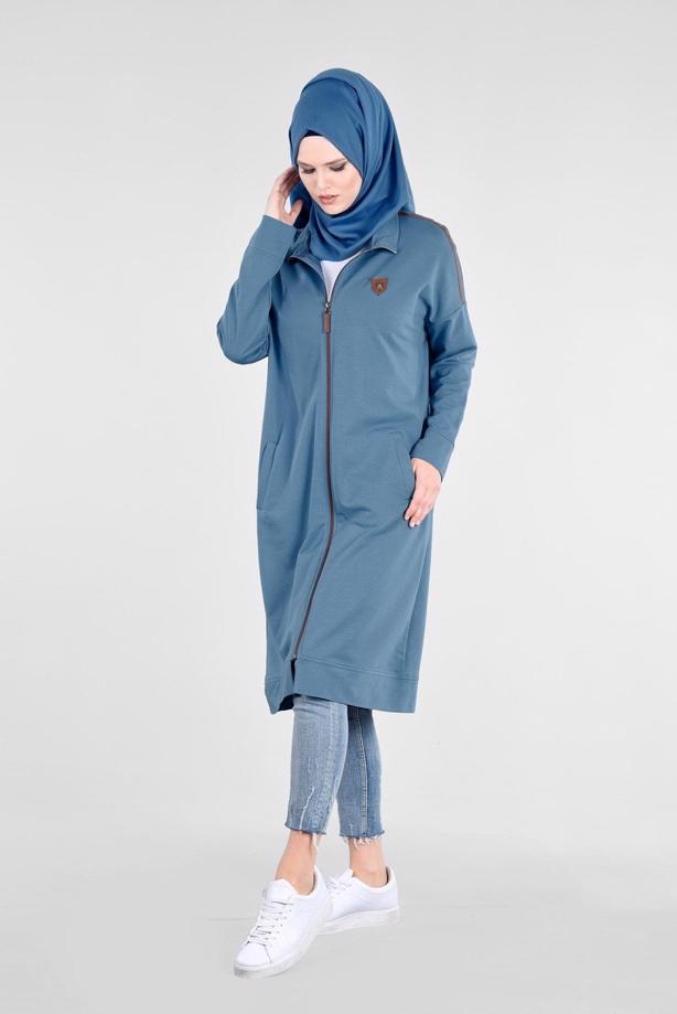 Vêtements hijab BLEU T 58015 Allday- Fermuarlı Detaylı Tesettür Tunik - TRENDTESETTÜR