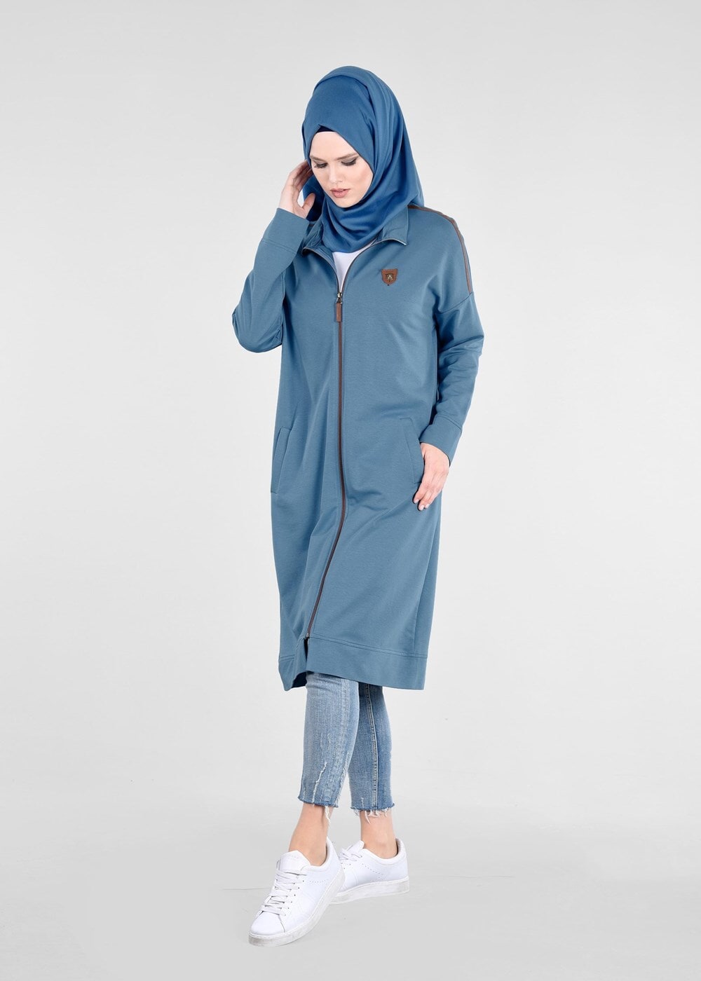 Vêtements hijab BLEU T 58015 Allday- Fermuarlı Detaylı Tesettür Tunik
