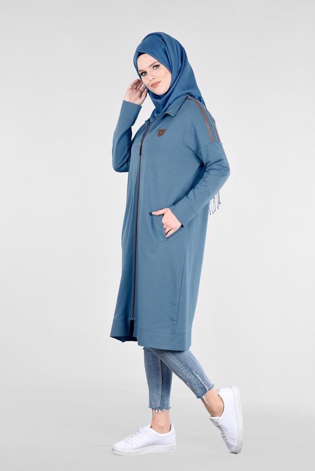 Vêtements hijab BLEU T 58015 Allday- Fermuarlı Detaylı Tesettür Tunik - TRENDTESETTÜR