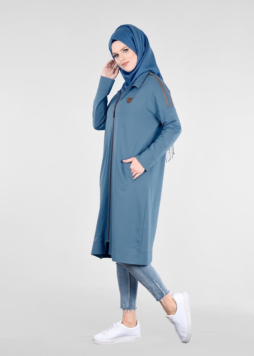 Vêtements hijab BLEU T 58015 Allday- Fermuarlı Detaylı Tesettür Tunik