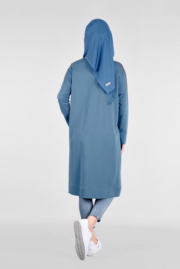 Vêtements hijab BLEU T 58015 Allday- Fermuarlı Detaylı Tesettür Tunik - TRENDTESETTÜR