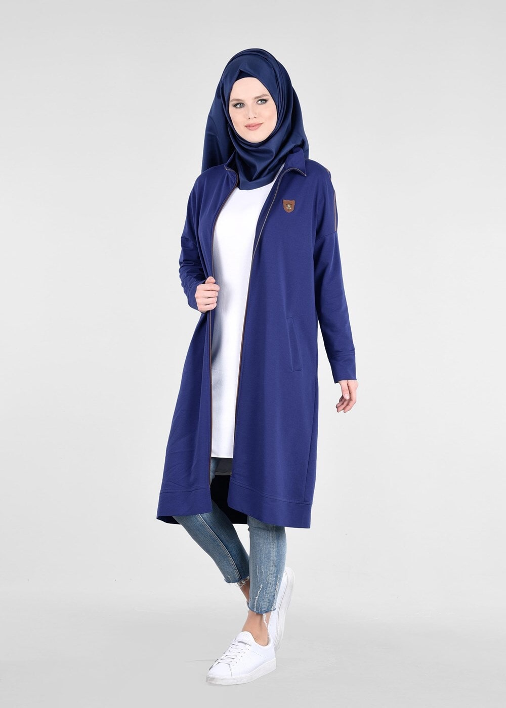 Vêtements hijab BLEU MARINE T 58015 Allday- Fermuarlı Detaylı Tesettür Tunik