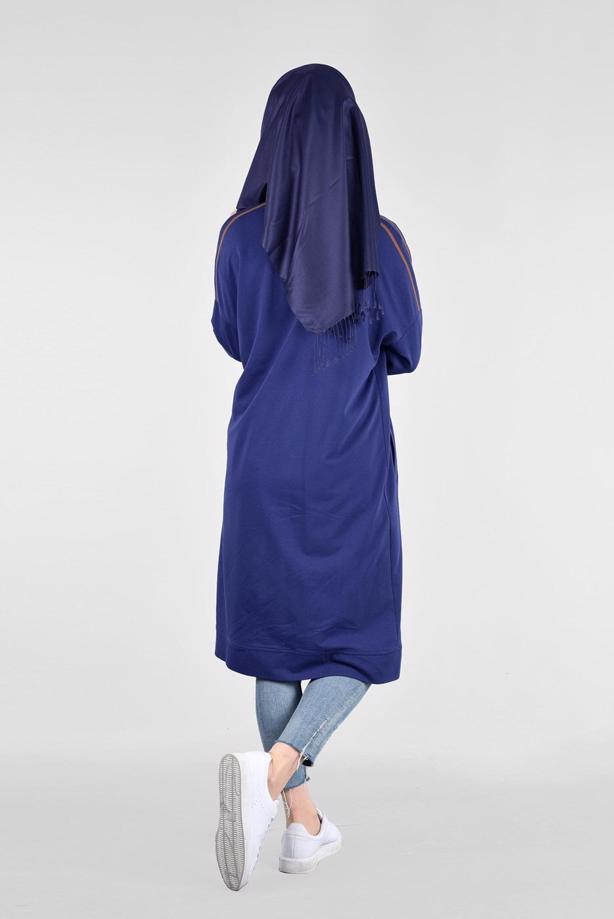 Vêtements hijab BLEU MARINE T 58015 Allday- Fermuarlı Detaylı Tesettür Tunik - TRENDTESETTÜR
