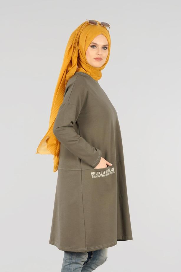 Vêtements hijab KAKI T 63115 Allday- Örme Tesettür Tunik - TRENDTESETTÜR