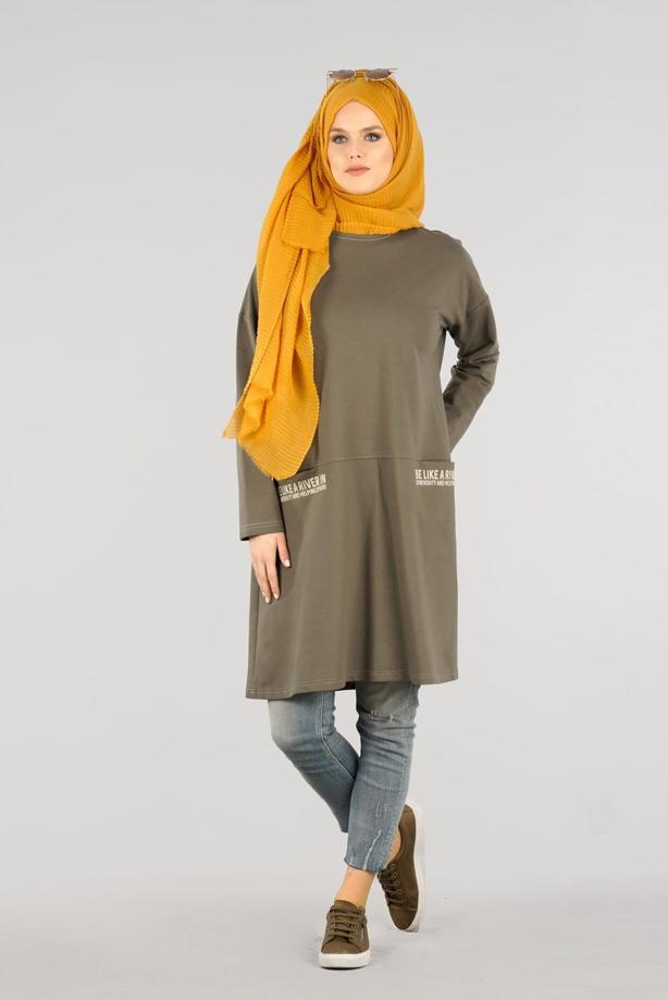Vêtements hijab KAKI T 63115 Allday- Örme Tesettür Tunik - TRENDTESETTÜR