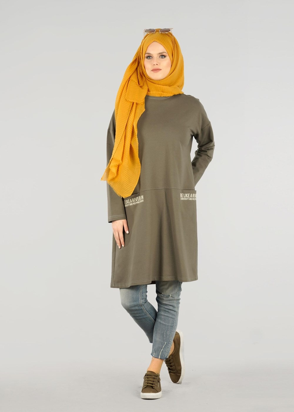 Vêtements hijab KAKI T 63115 Allday- Örme Tesettür Tunik