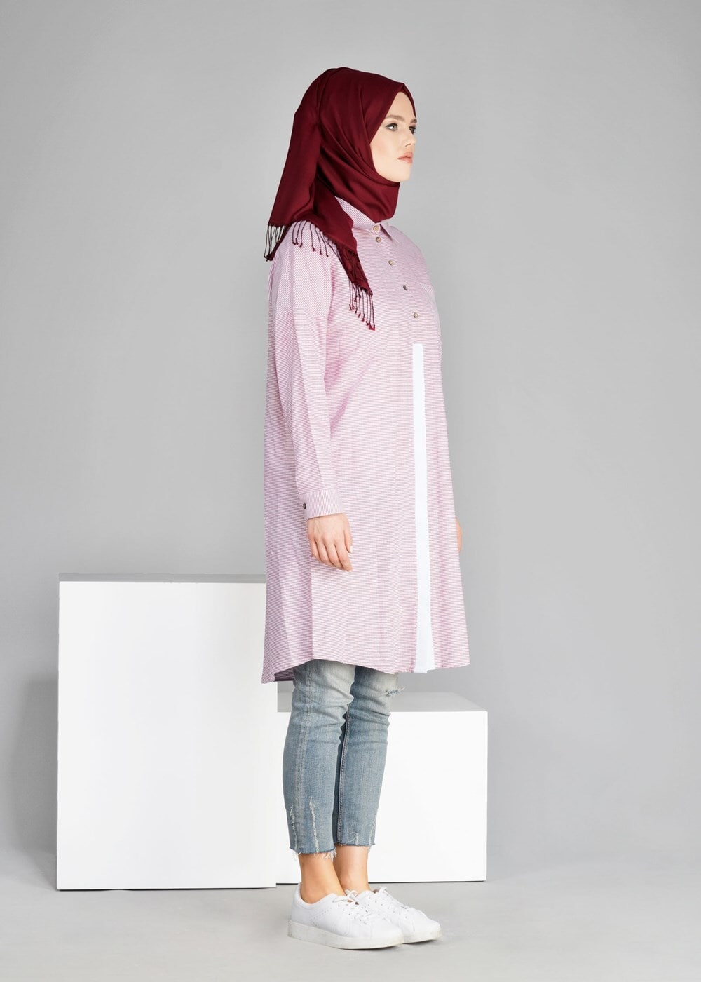 Tesettür giyim BORDO T 66115  Allday-Düğme Detaylı Tesettür Tunik