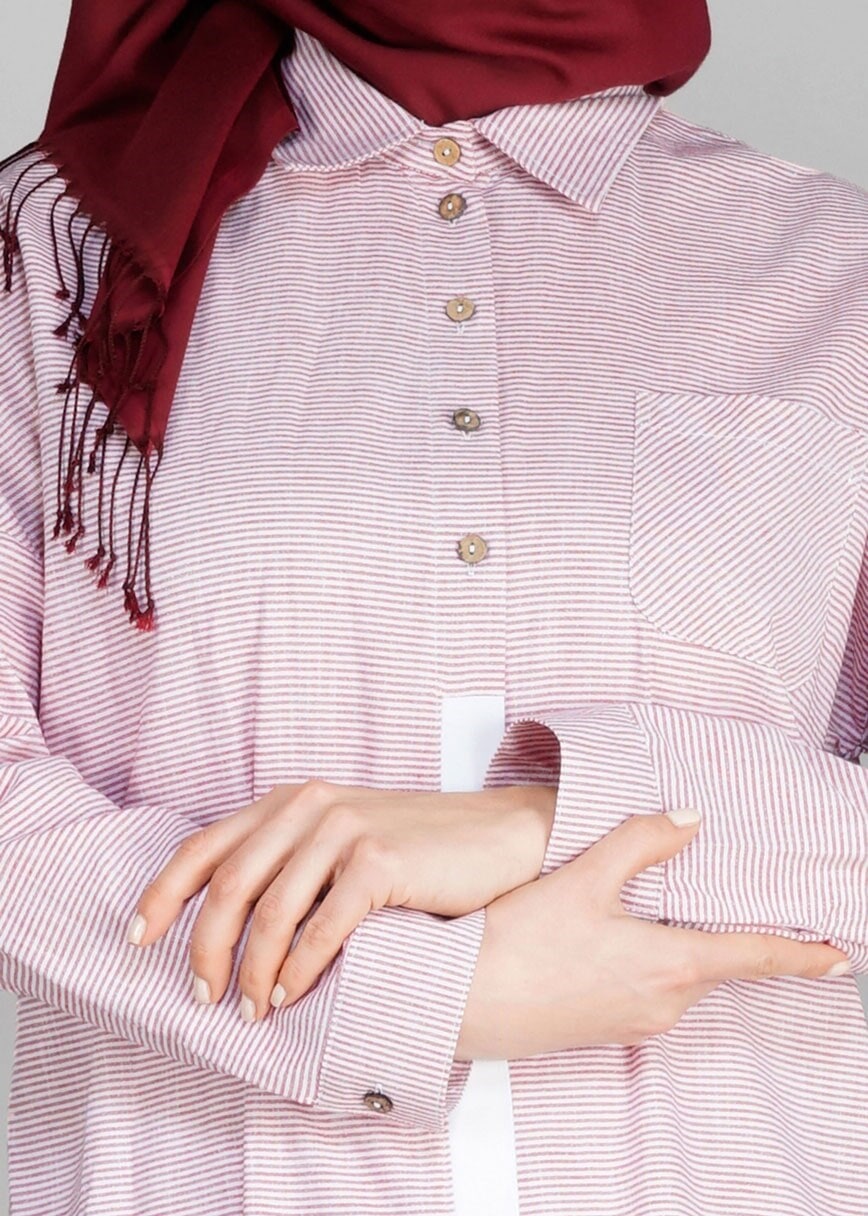 Tesettür giyim BORDO T 66115  Allday-Düğme Detaylı Tesettür Tunik