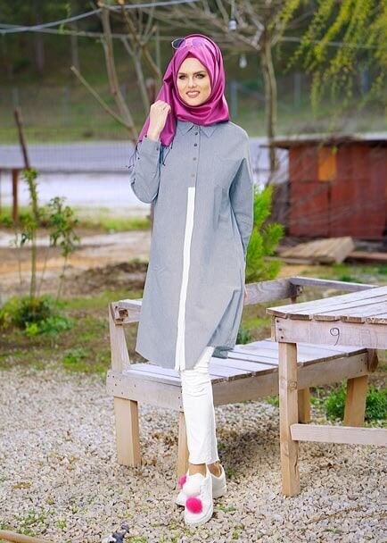 Tesettür giyim LACİVERT T 66115  Allday-Düğme Detaylı Tesettür Tunik