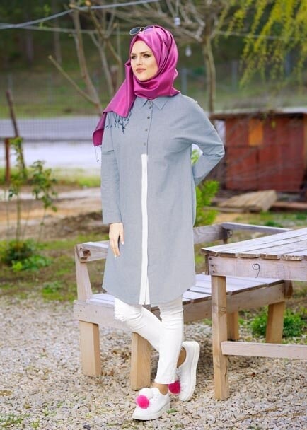 Tesettür giyim LACİVERT T 66115  Allday-Düğme Detaylı Tesettür Tunik