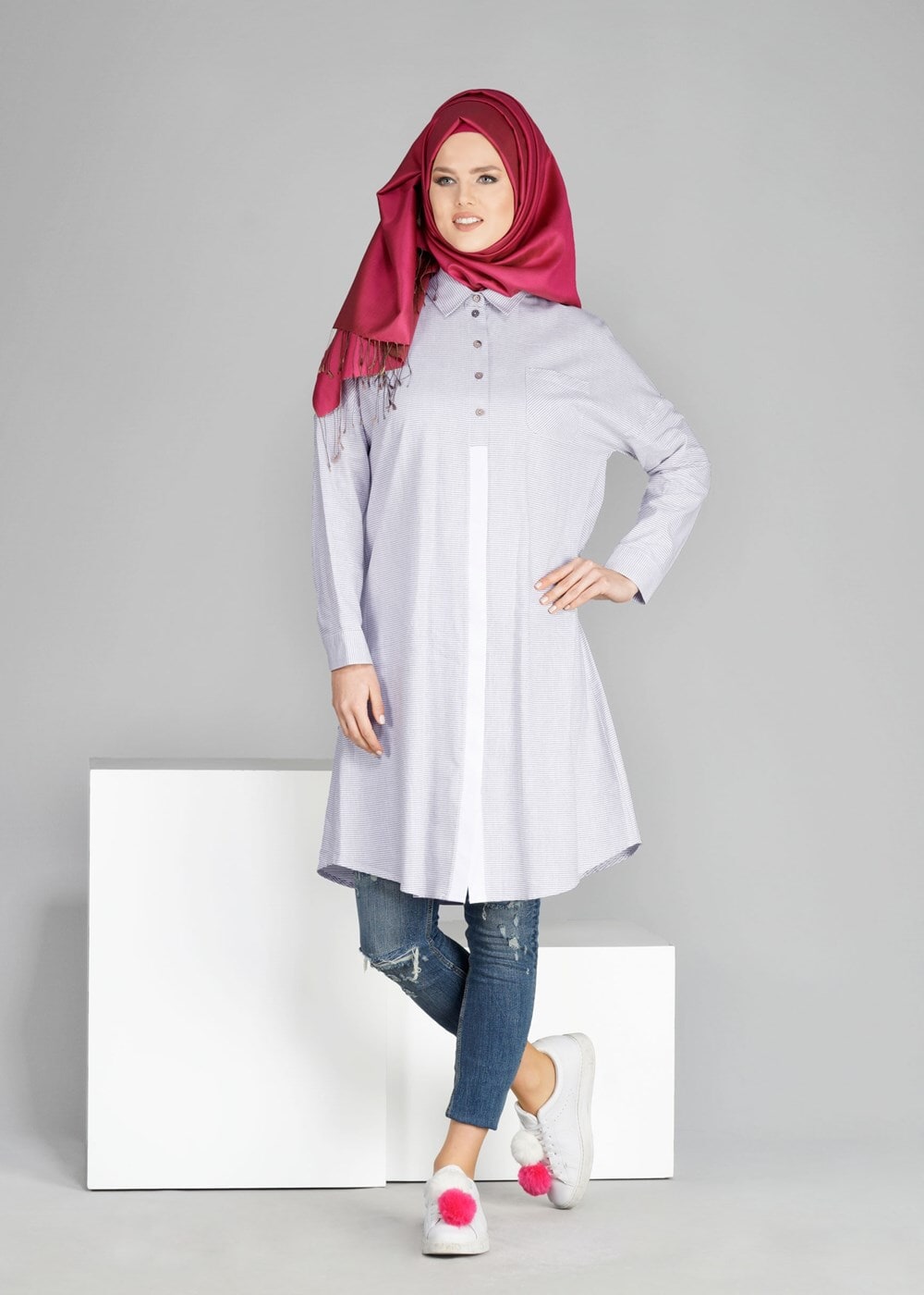 Tesettür giyim BEJ T 66115  Allday-Düğme Detaylı Tesettür Tunik