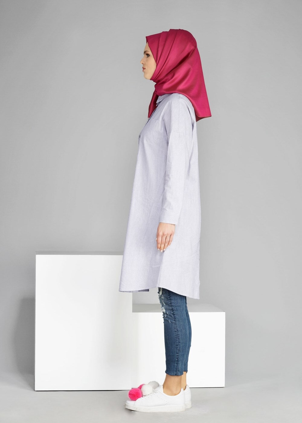 Tesettür giyim BEJ T 66115  Allday-Düğme Detaylı Tesettür Tunik