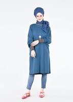 Tesettür giyim YEŞİL MANŞETLERİ RENKLİ ŞERİT DETAYLI TUNİK 75805 