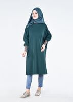 Tesettür giyim YEŞİL MANŞETLERİ RENKLİ ŞERİT DETAYLI TUNİK 75805 